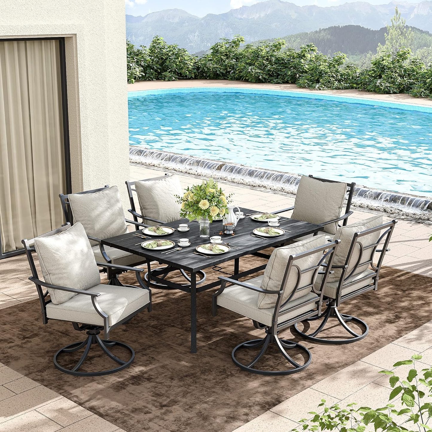 Grand patio 7-Piece Patio Dining Set for 6, E-Coated Outdoor Dining Set Swivel Patio Dining Chairs with Olefin Cushions & 1 Black Rectangular Faux Woodgrain Dining Table with 1.5”Market Umbrella Hole