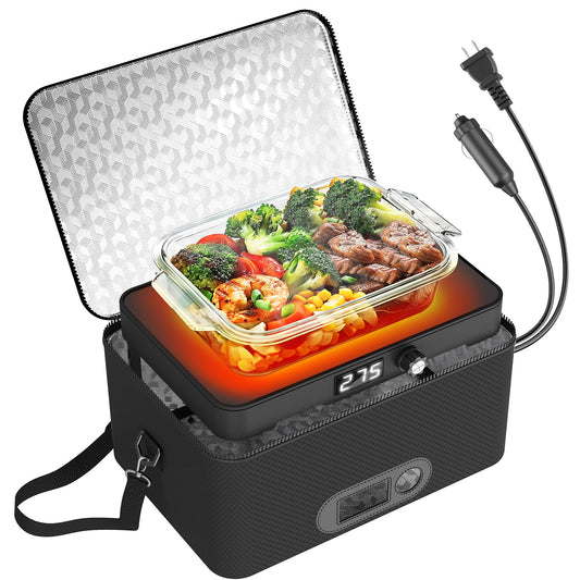 Portable Oven, 12V 24V 110V-240V Car Food Warmer Portable Personal Mini Oven Electric Heated Lunch Box for Meals Reheating & Raw Food Cooking for Road Trip/Camping/Picnic/Family Gathering(Black)