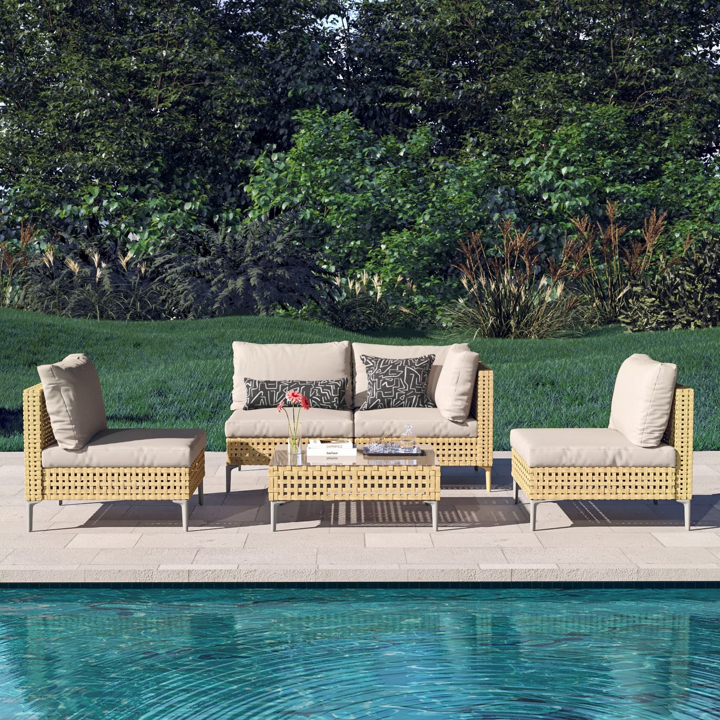 Grand patio 7-Piece Wicker Patio Furniture Set, Boho Outdoor Conversation Set Sectional Sofa with Water Resistant Thick Cushions and Coffee Table, Beige