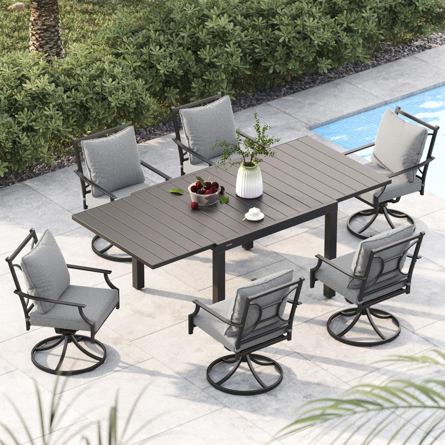 Grand patio 7-Piece Patio Dining Set for 6, E-Coated Outdoor Dining Set Swivel Patio Dining Chairs with Olefin Cushions & 1 Black Rectangular Faux Woodgrain Dining Table with 1.5”Market Umbrella Hole