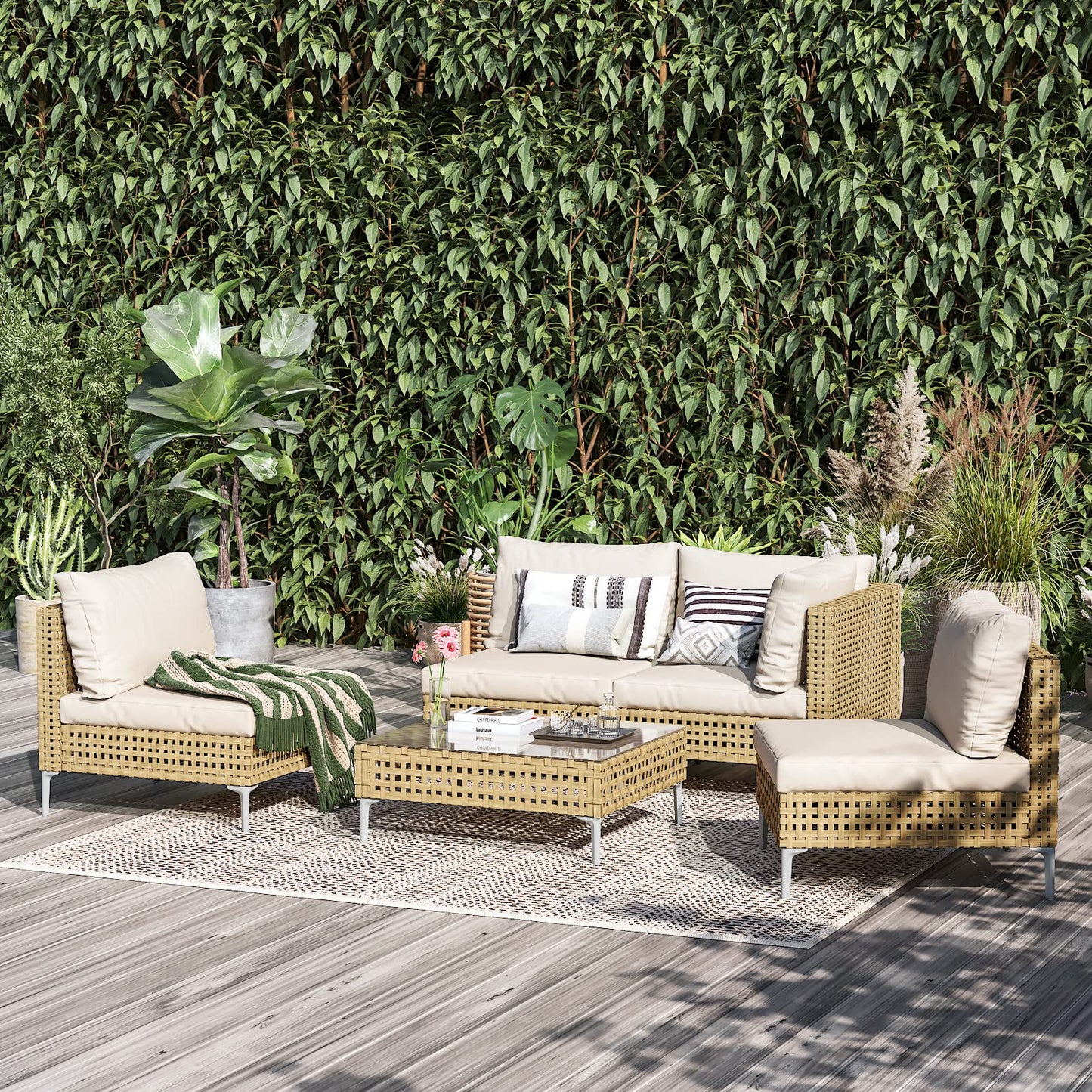 Grand patio 7-Piece Wicker Patio Furniture Set, Boho Outdoor Conversation Set Sectional Sofa with Water Resistant Thick Cushions and Coffee Table, Beige