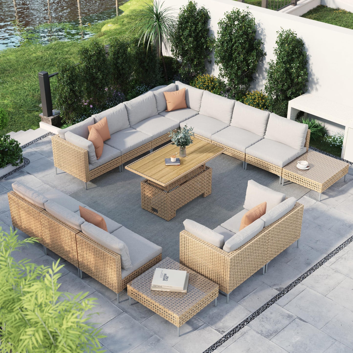 Grand patio 7-Piece Wicker Patio Furniture Set, Boho Outdoor Conversation Set Sectional Sofa with Water Resistant Thick Cushions and Coffee Table, Beige