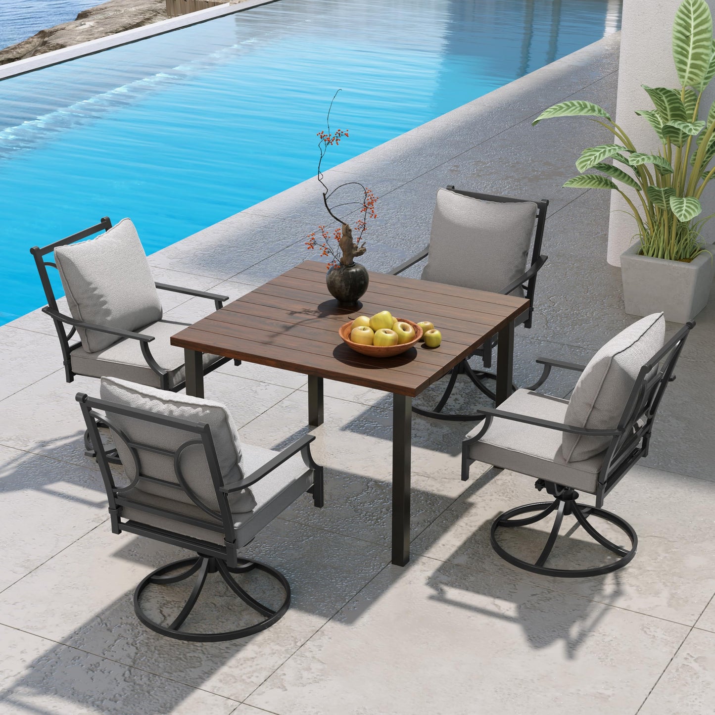 Grand patio 7-Piece Patio Dining Set for 6, E-Coated Outdoor Dining Set Swivel Patio Dining Chairs with Olefin Cushions & 1 Black Rectangular Faux Woodgrain Dining Table with 1.5”Market Umbrella Hole