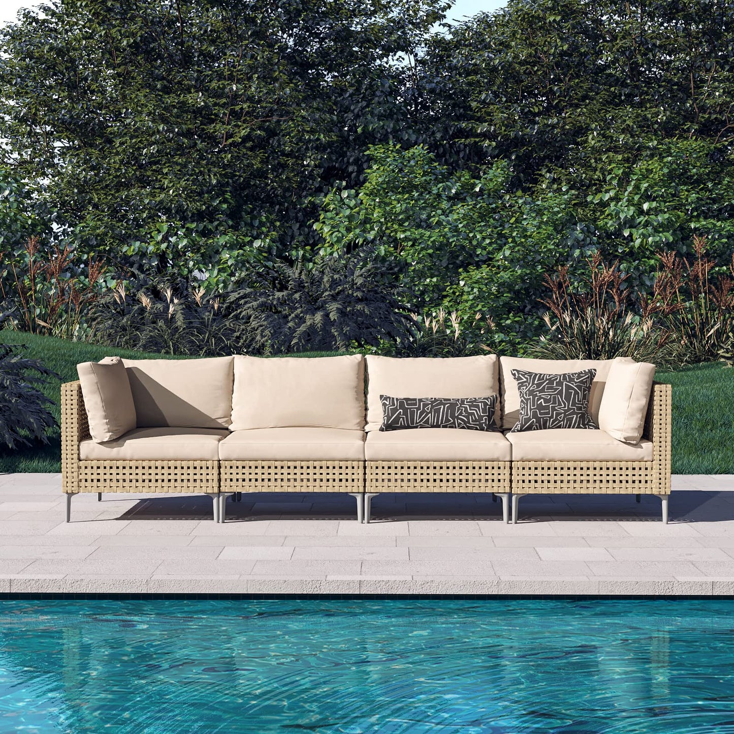 Grand patio 7-Piece Wicker Patio Furniture Set, Boho Outdoor Conversation Set Sectional Sofa with Water Resistant Thick Cushions and Coffee Table, Beige