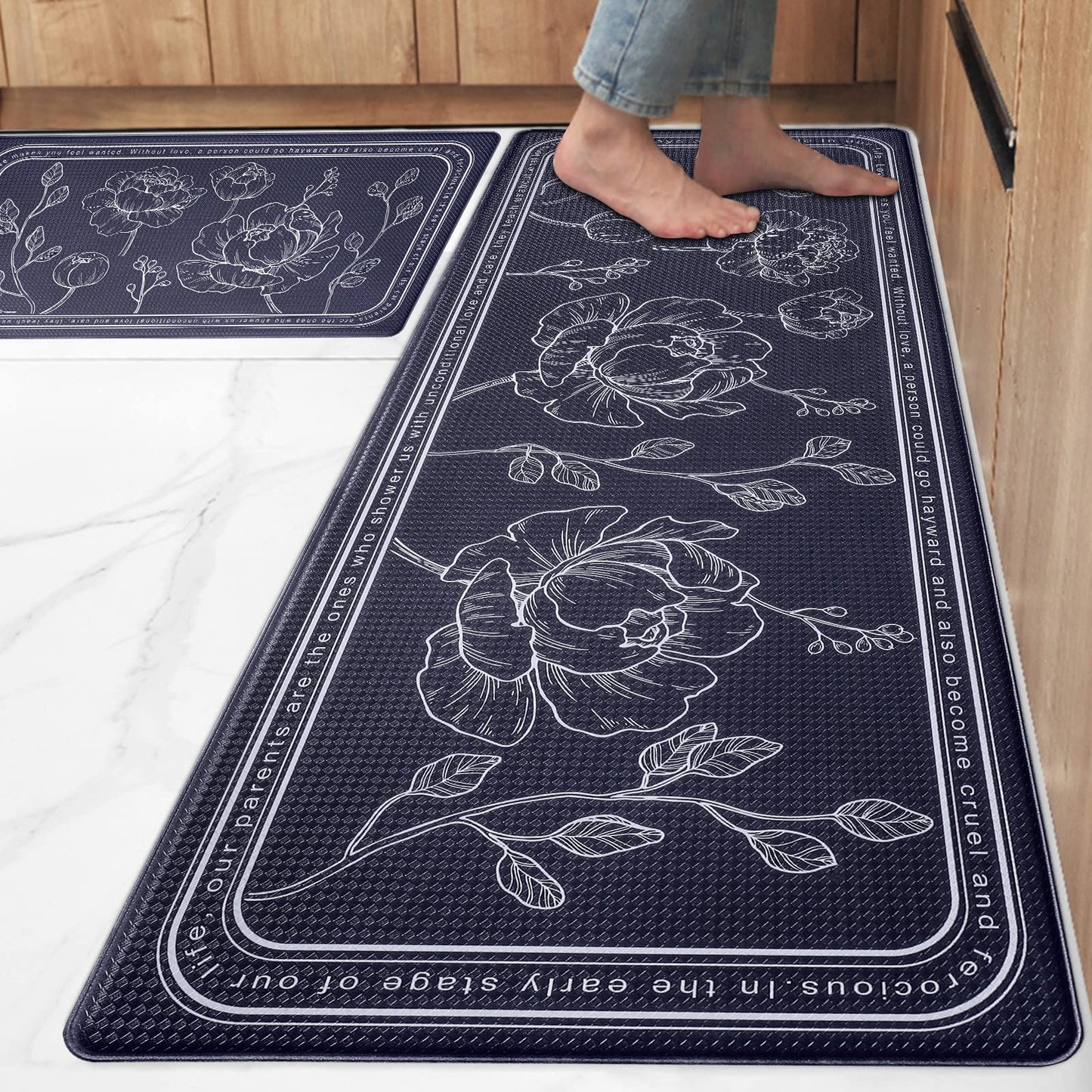 ROTTOGOON Kitchen Floor Mat Set of 2, Cushioned Anti Fatigue Kitchen Mat 17"x47"+17"x29", Non-Slip Waterproof Kitchen Rug, Premium PVC Comfort Kitchen Mats and Rugs for Kitchen, Office, Home, Laundry