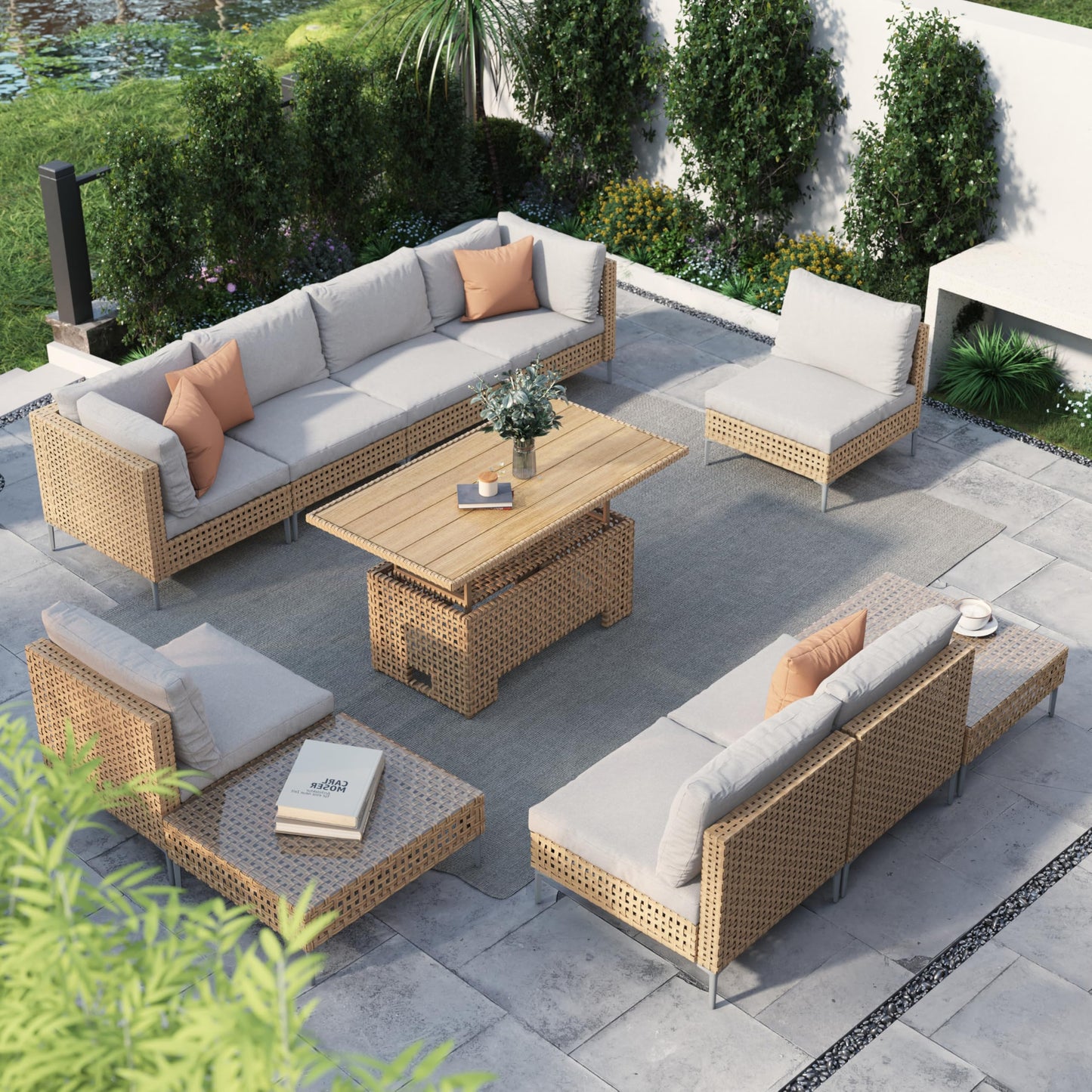 Grand patio 7-Piece Wicker Patio Furniture Set, Boho Outdoor Conversation Set Sectional Sofa with Water Resistant Thick Cushions and Coffee Table, Beige