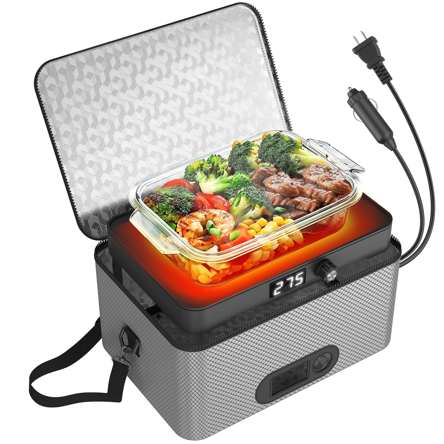 Portable Oven, 12V 24V 110V-240V Car Food Warmer Portable Personal Mini Oven Electric Heated Lunch Box for Meals Reheating & Raw Food Cooking for Road Trip/Camping/Picnic/Family Gathering(Black)