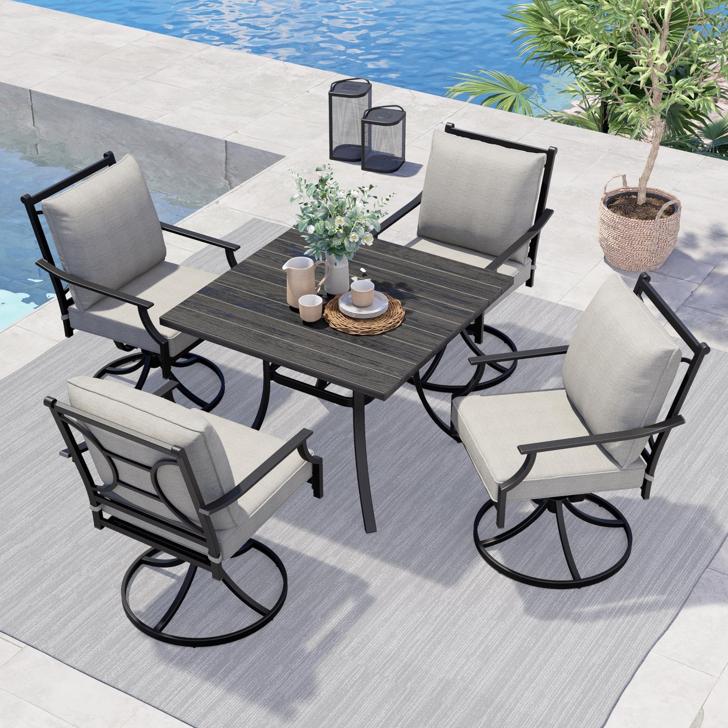 Grand patio 7-Piece Patio Dining Set for 6, E-Coated Outdoor Dining Set Swivel Patio Dining Chairs with Olefin Cushions & 1 Black Rectangular Faux Woodgrain Dining Table with 1.5”Market Umbrella Hole