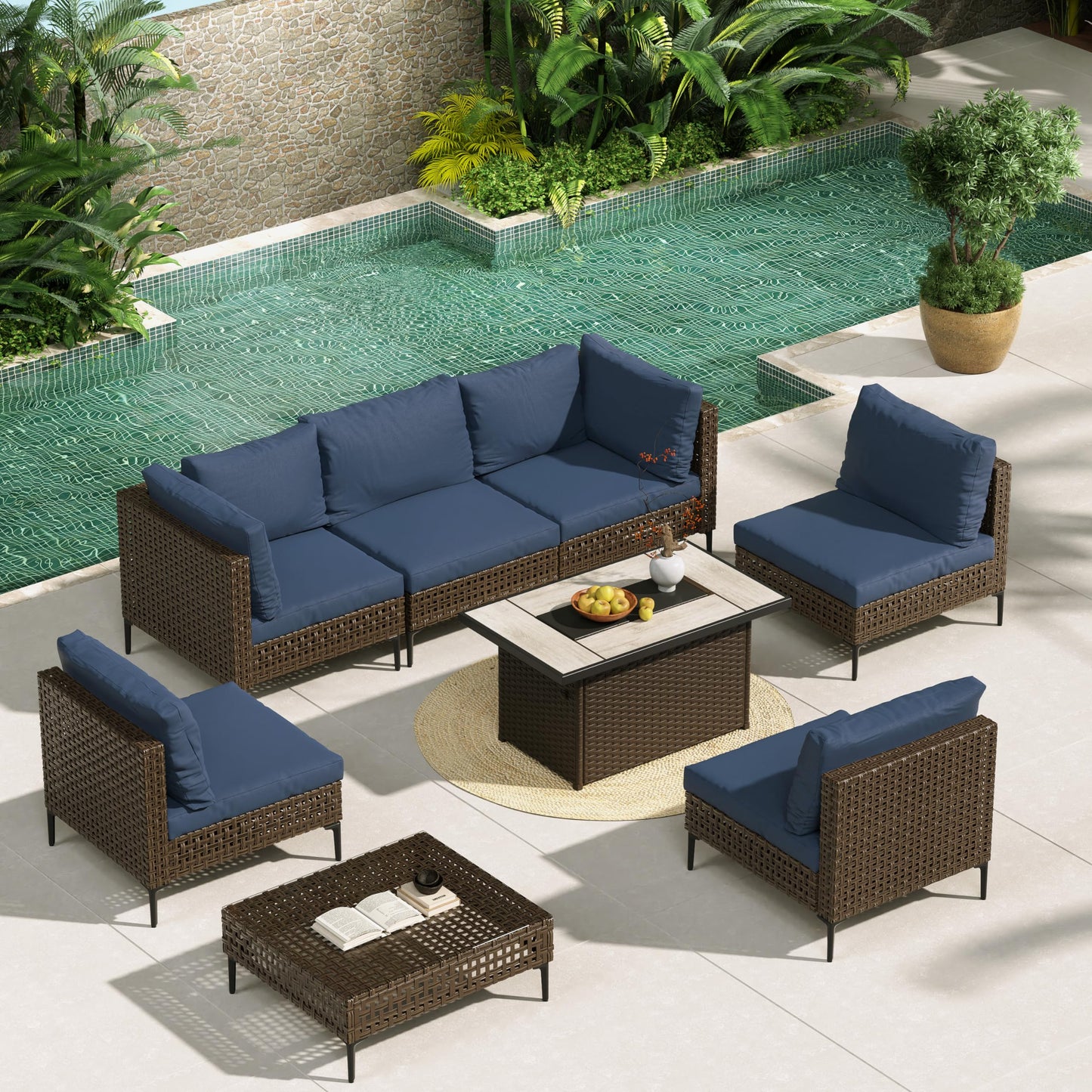 Grand patio 7-Piece Wicker Patio Furniture Set, Boho Outdoor Conversation Set Sectional Sofa with Water Resistant Thick Cushions and Coffee Table, Beige