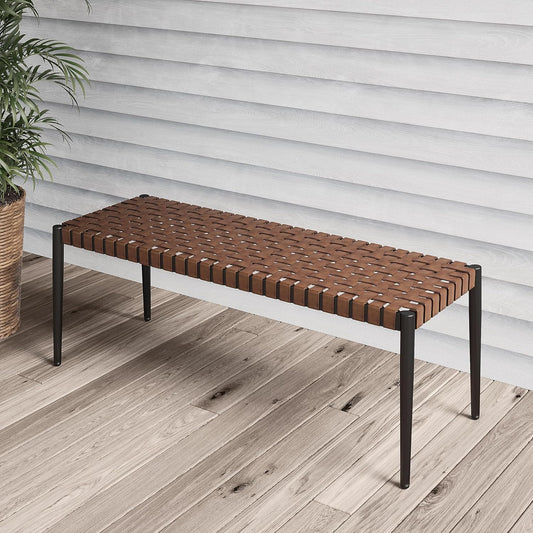 Grand patio Bench, 2-Seat Leather-Look Wicker Bench with Tapered Legs, Outdoor Bench for Small Front Porch Entryway