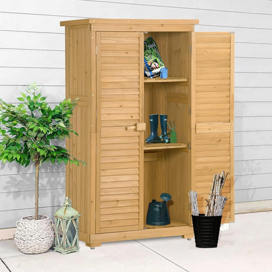 5.25Ft Hx2.85Ft L Outdoor Wooden Storage Sheds,  Fir Wood Tool Organizer, Patio Storage Cabinet with Double Lockable Doors, 3-Tier Shelves and Waterproof Asphalt Roof for Garden Backyard