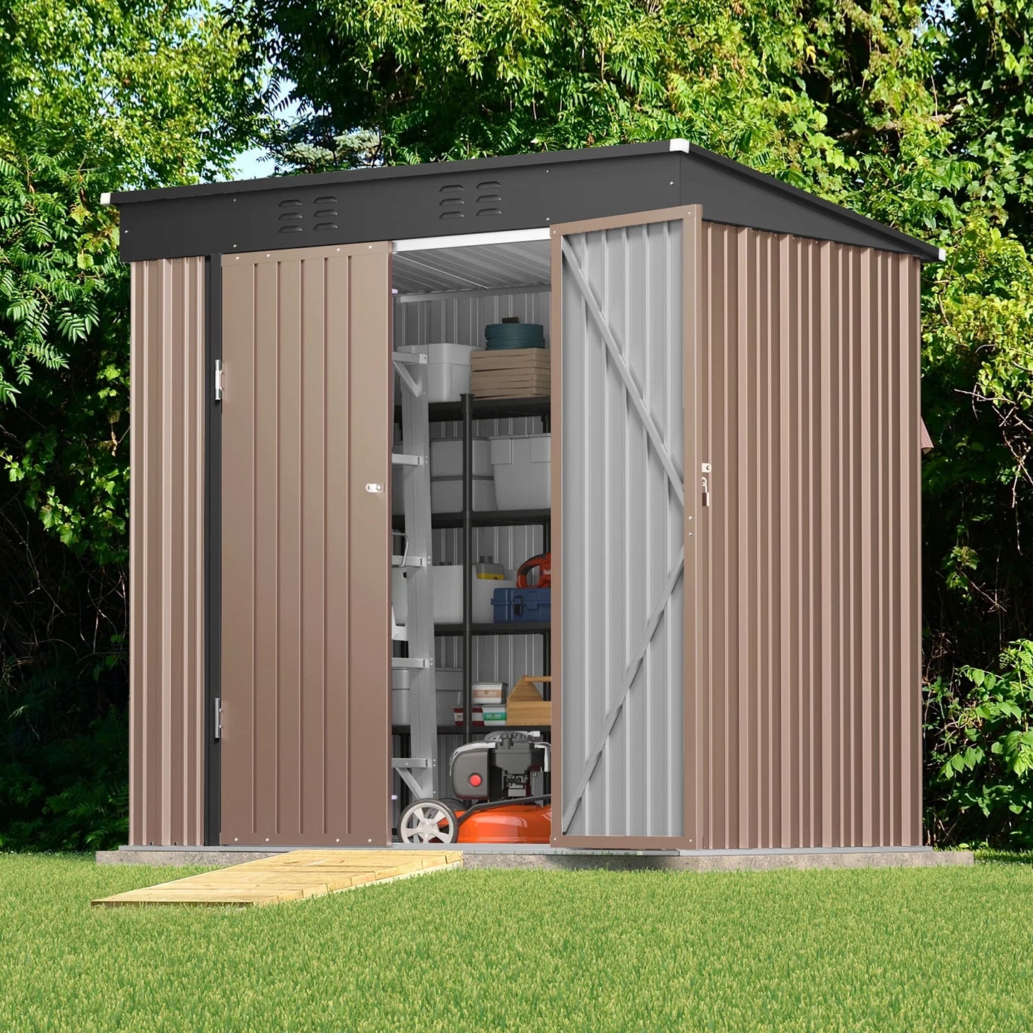 6Ft X 4Ft Outdoor Storage Shed, Metal Garden Shed, Brown