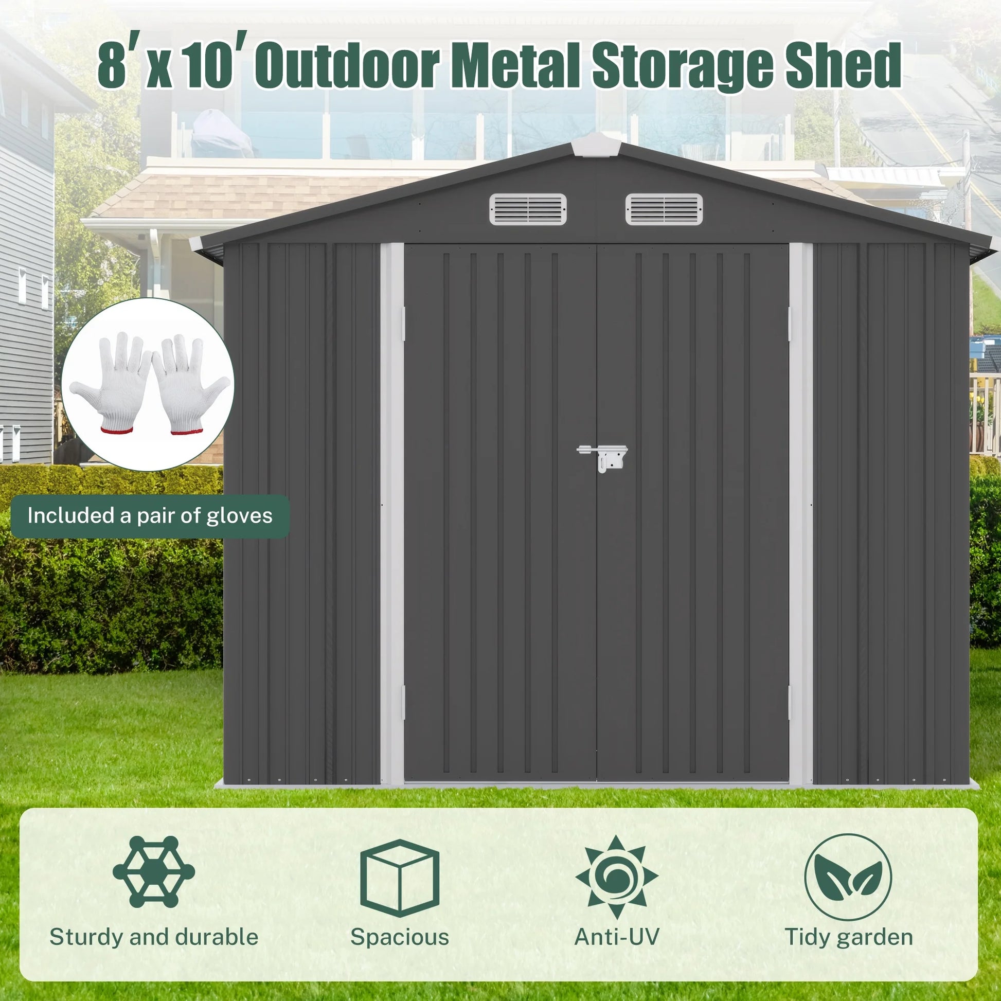 10' X 8' Outdoor Metal Storage Shed, Tools Storage Shed, Galvanized Steel Garden Shed with Lockable Doors, Outdoor Storage Shed for Backyard, Patio, Lawn, D7811