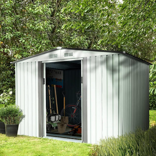 6' X 8' Metal Outdoor Garden Storage Shed, Utility Tool Storage House with Sliding Door (With Floor Frame)