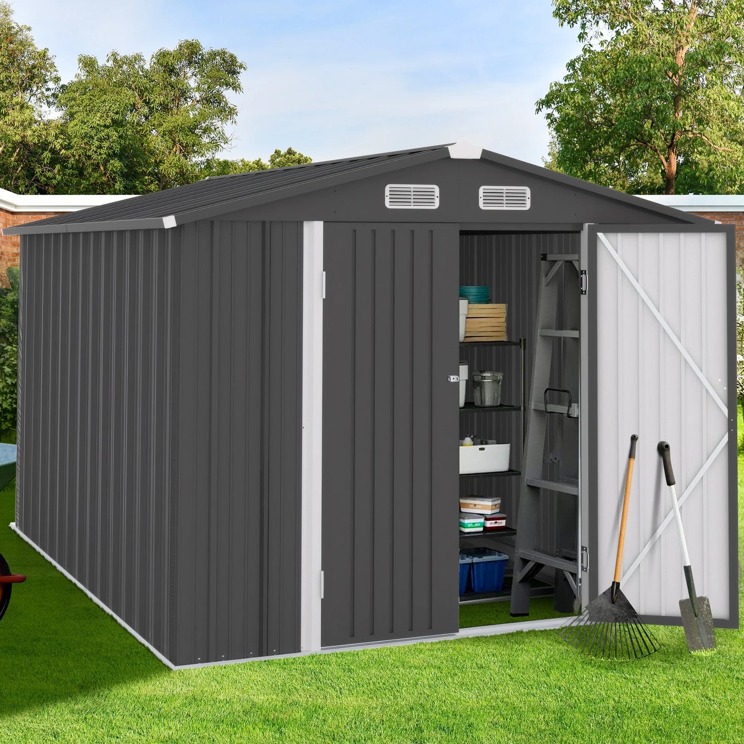 10' X 8' Outdoor Metal Storage Shed, Tools Storage Shed, Galvanized Steel Garden Shed with Lockable Doors, Outdoor Storage Shed for Backyard, Patio, Lawn, D7811